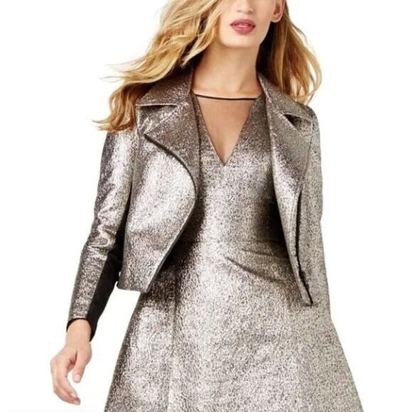 Sachin + Babi Jackets & Blazers - SACHIN + BABI Metallic Moto Jacked in Gold & Silver with Asymmetrical Zip Up